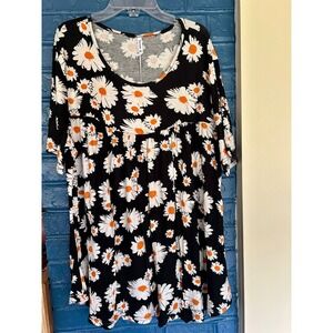 Tencede 2XL Black Daisy Floral Print Babydoll Tunic Dress Plus Size‎